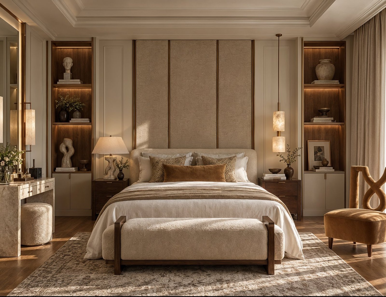 Bedroom in warm neutrals with an upholstered bed, panelled headboard wall and an accent armchair, 3D design concept