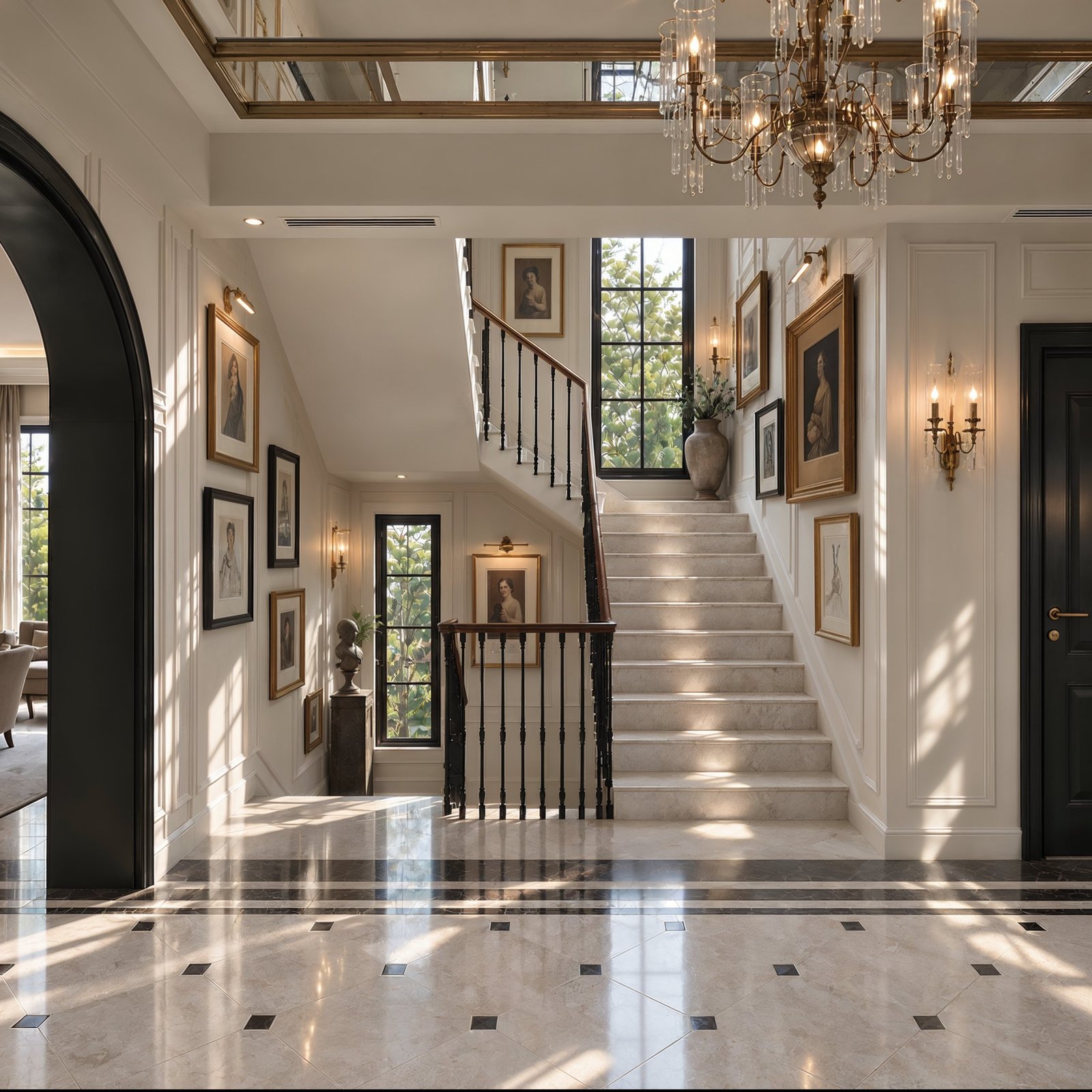 Entrance hall with a staircase, chandelier and warm daylight, 3D design concept
