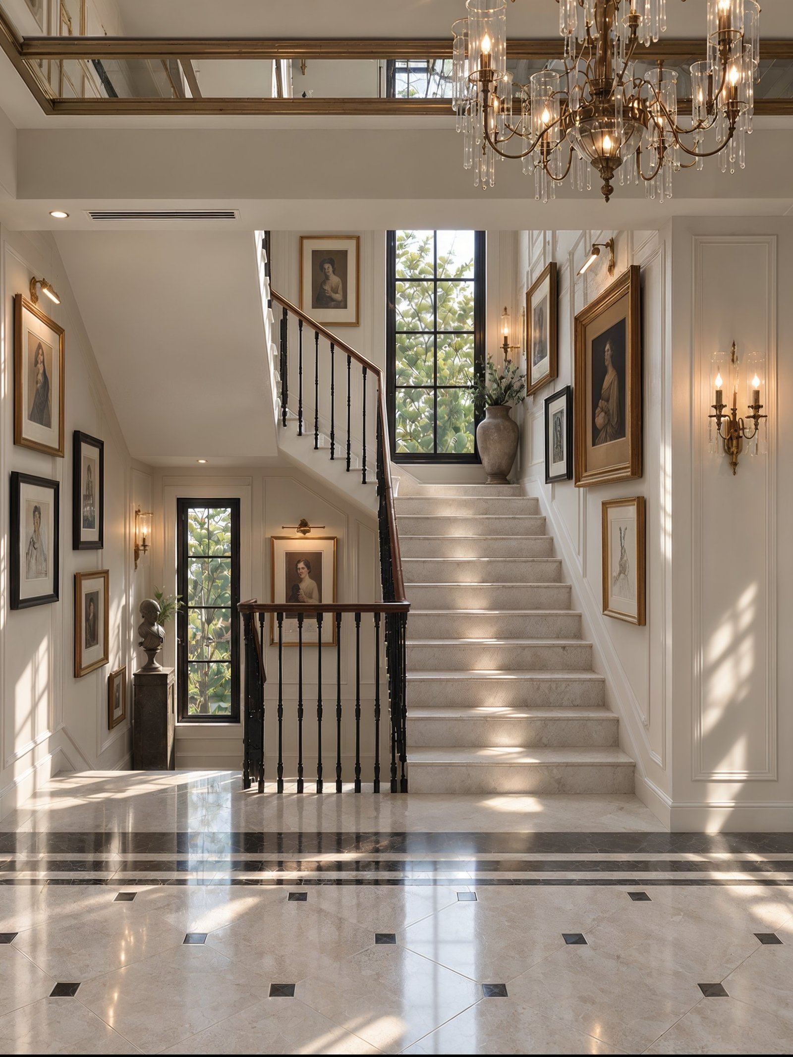 Entrance hall with a staircase, chandelier and black and white marble floor, 3D design concept
