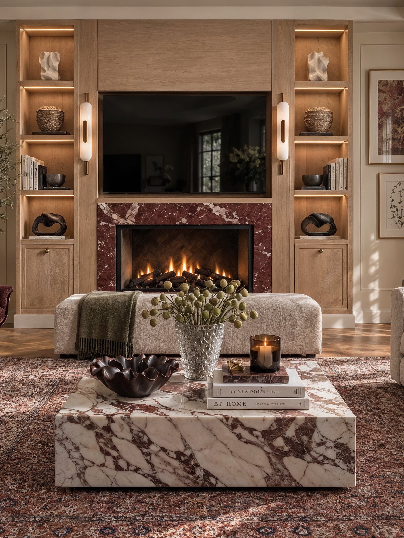 Living room with a fireplace, built-in shelving, a marble coffee table and cream sofas, 3D design concept