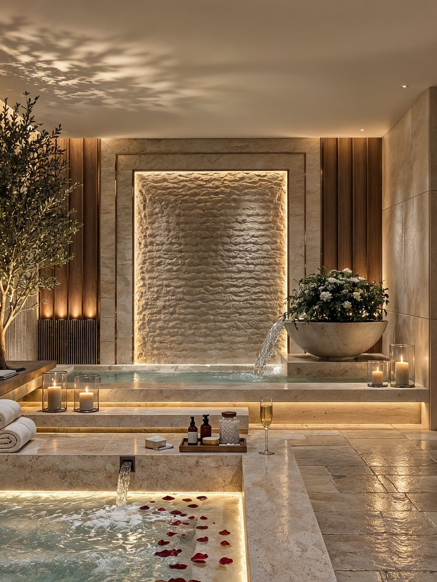Spa hall with a stone plunge pool, timber slat walls and candlelight, 3D design concept
