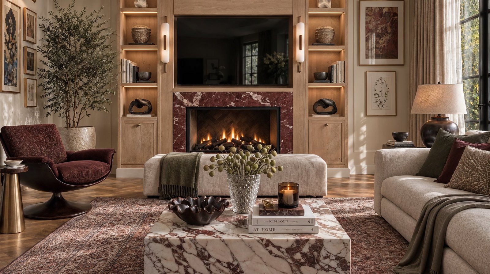 Photoreal render of a living room with a fireplace, built-in shelving and a marble coffee table, 3D design concept
