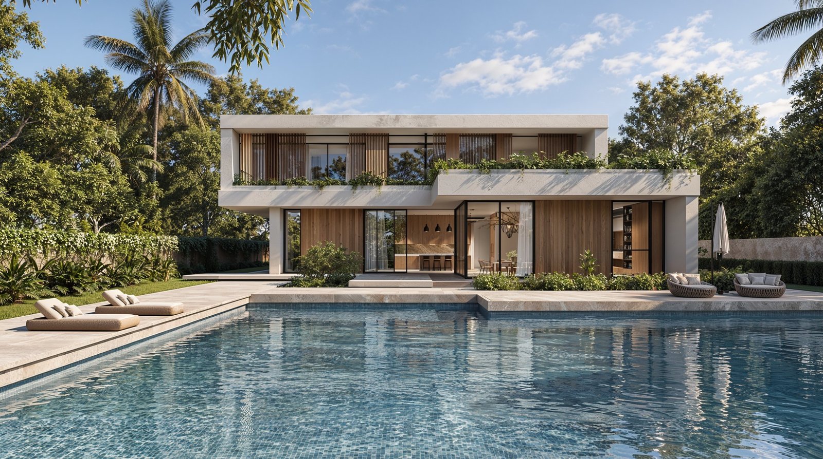 Photoreal render of a modern villa exterior with a swimming pool and landscaped garden, 3D design concept