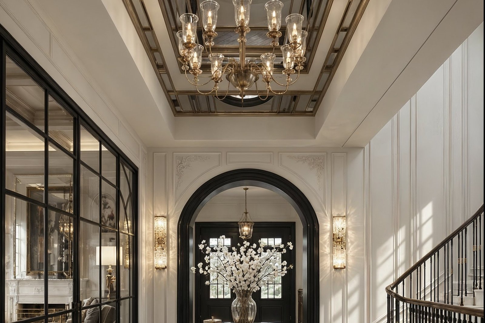 Lobby with black steel-framed glazing, a chandelier and an arched doorway over a marble floor, 3D design concept