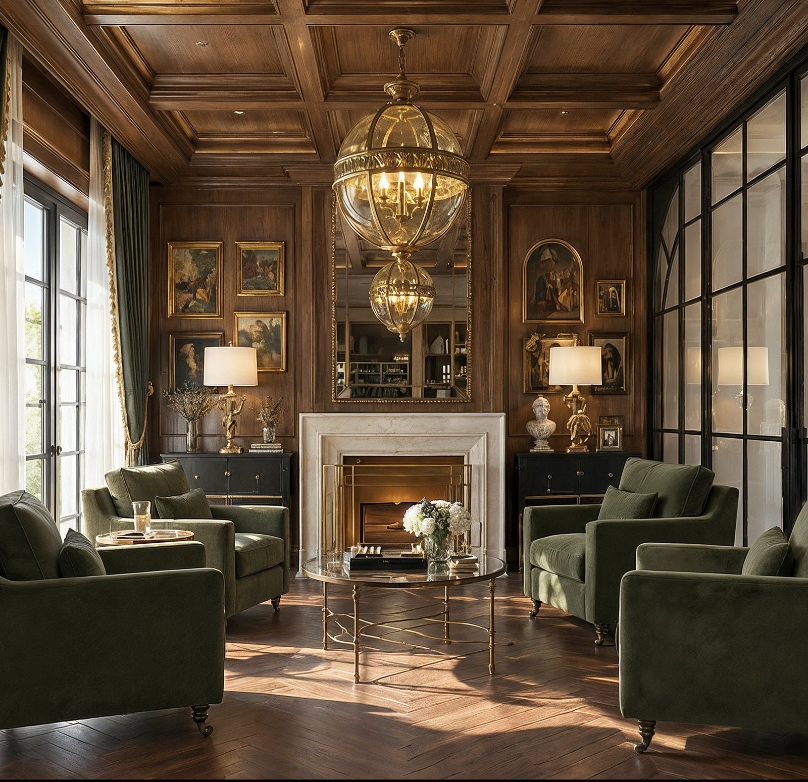 Panelled lounge with green armchairs, a fireplace and a steel-framed glass partition, 3D design concept