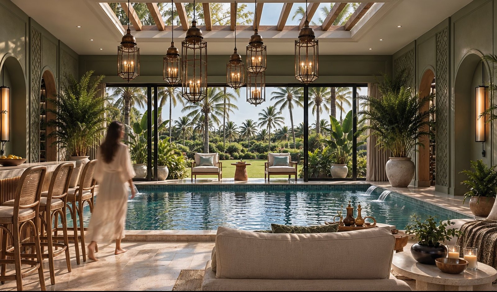 Pool house with bar seating, a pergola roof and a garden outlook, 3D design concept