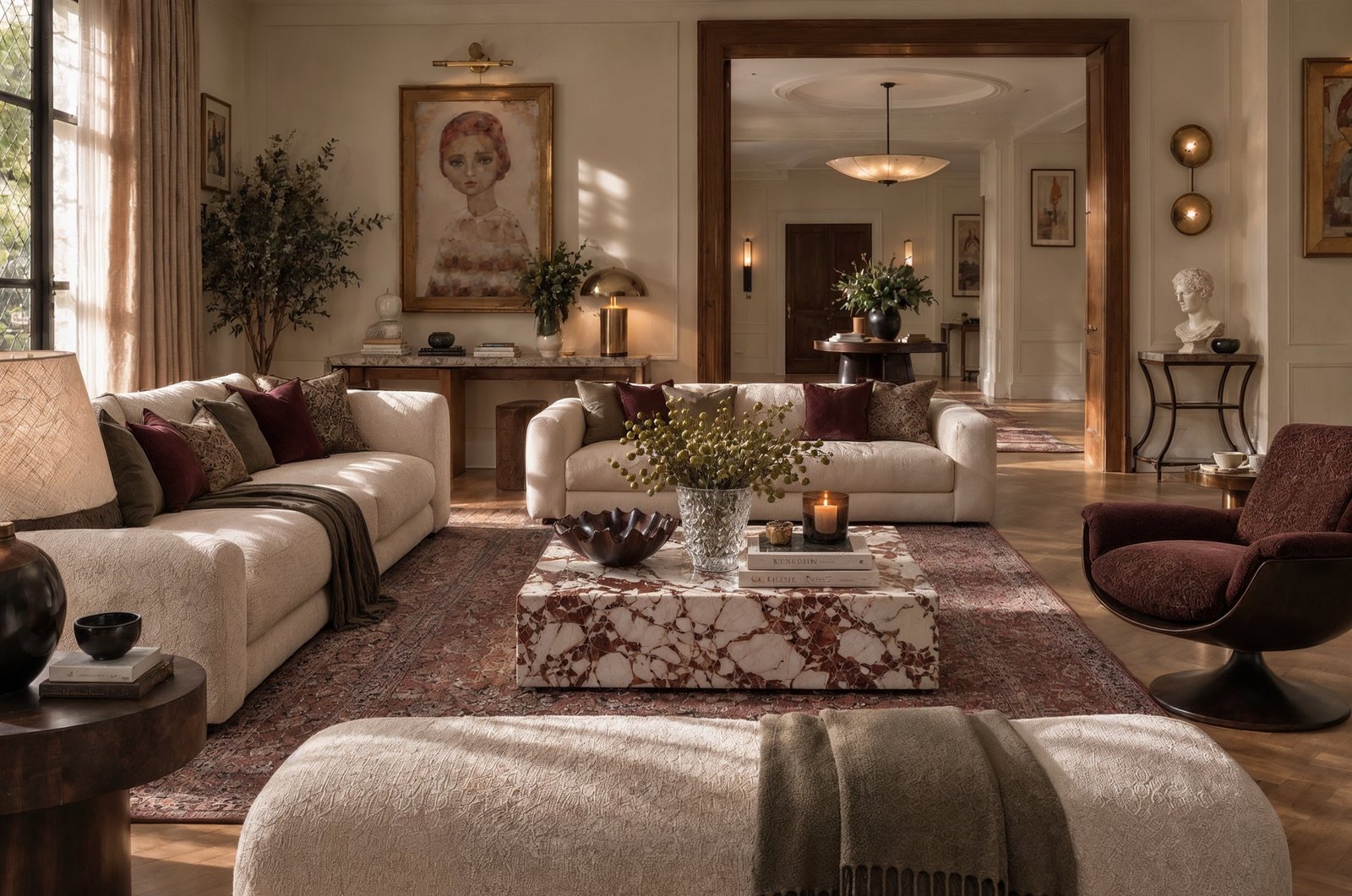 Living room with cream sofas, a marble coffee table and framed artwork, 3D design concept
