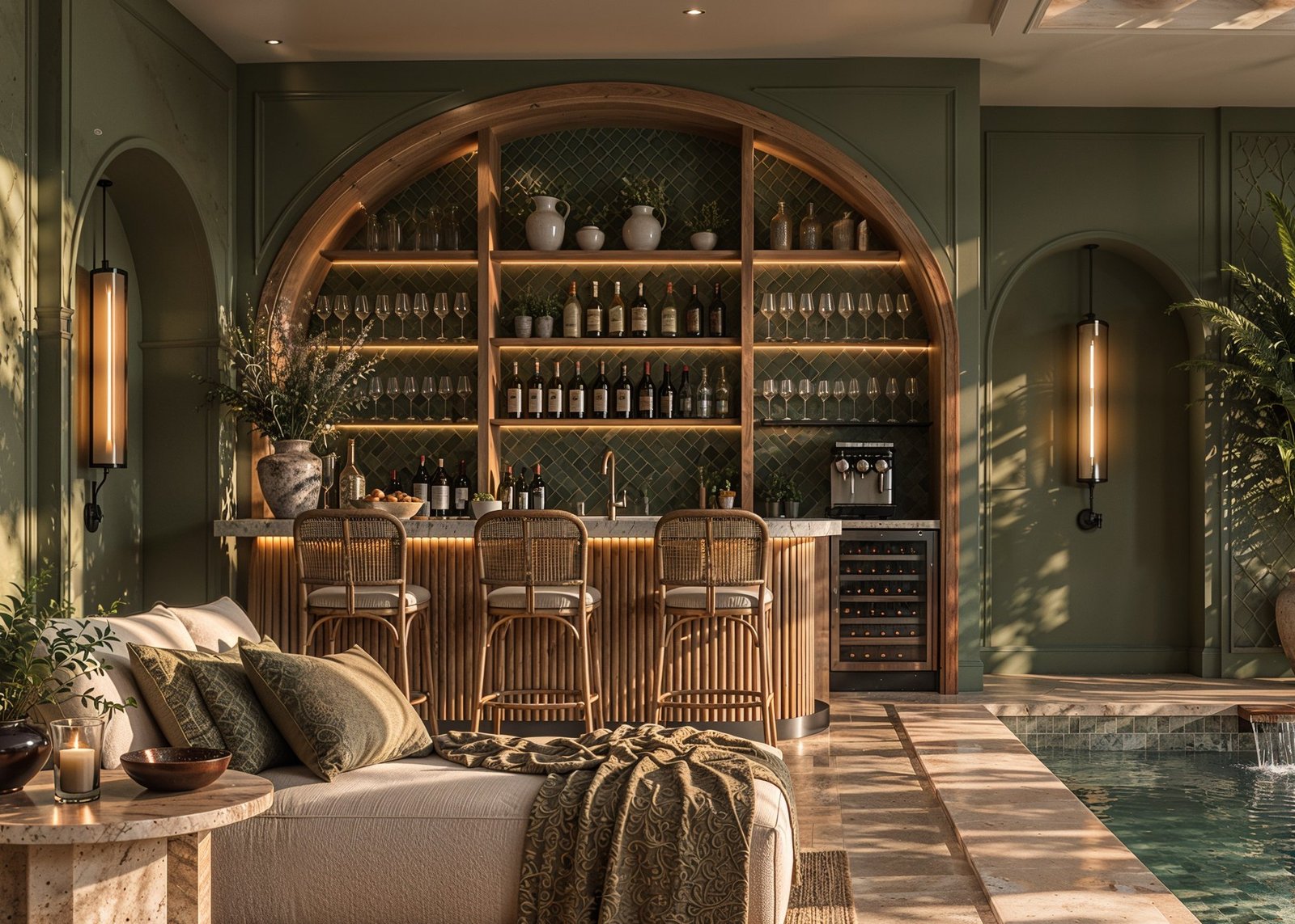 Arched bar with backlit shelving and rattan stools beside the pool, 3D design concept