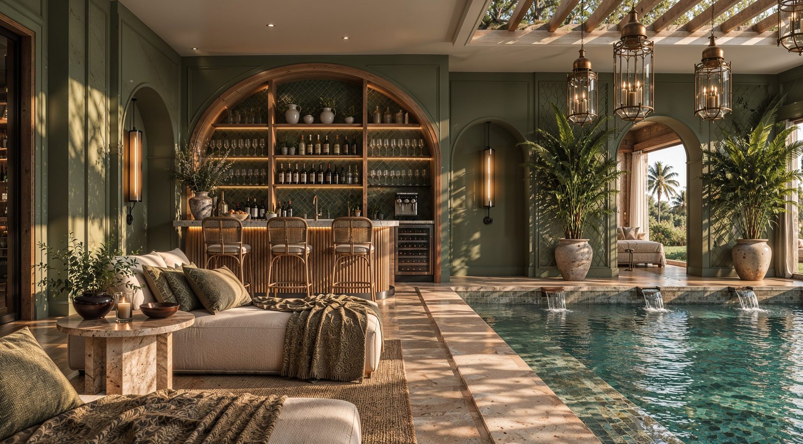Villa basement with an indoor pool, arched backlit bar, rattan stools and a sunlit pergola ceiling, 3D design concept